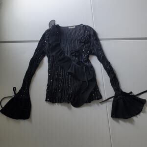 Kaelyn Max Blouse Womens Large Black Sequin Ruffle Bell Sleeve Fairy Whimsigoth